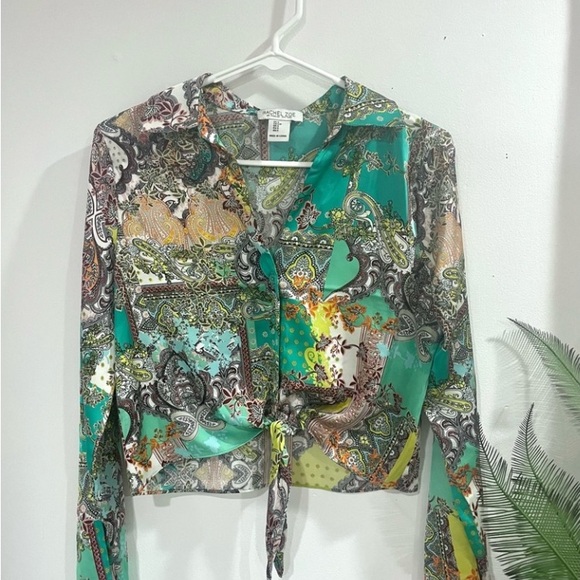 Rachel Zoe Green & yellow Paisley Boho Top tie front-Size Medium - Picture 1 of 6